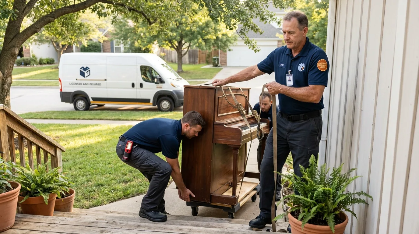 Licensed piano movers securing grand piano in Caledonia, MS