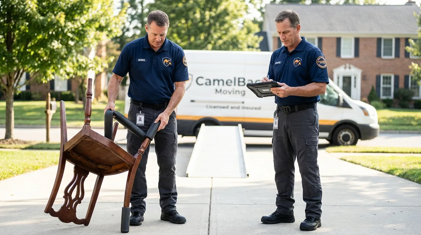 Movers inspecting furniture for damage prevention before loading in Caledonia, MS