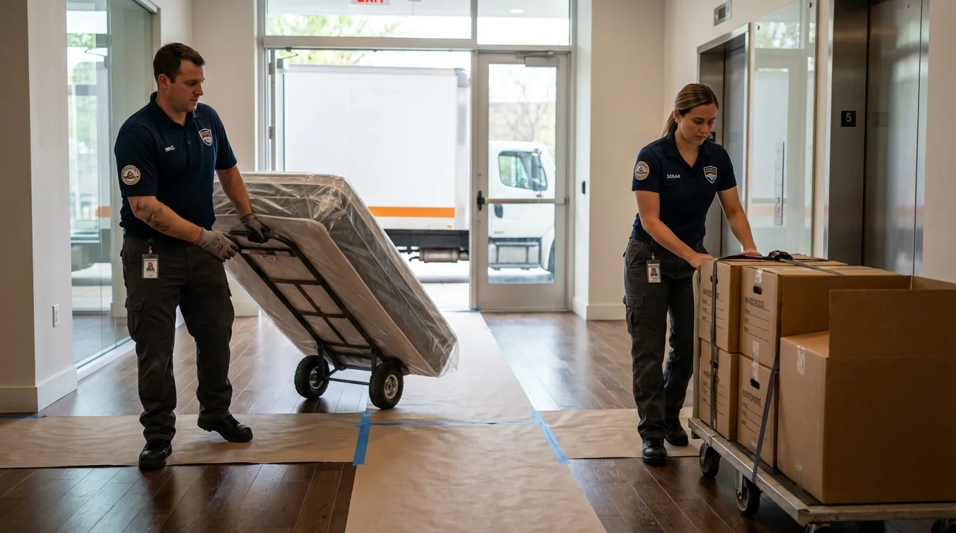 Professional apartment movers loading elevator in Caledonia, MS